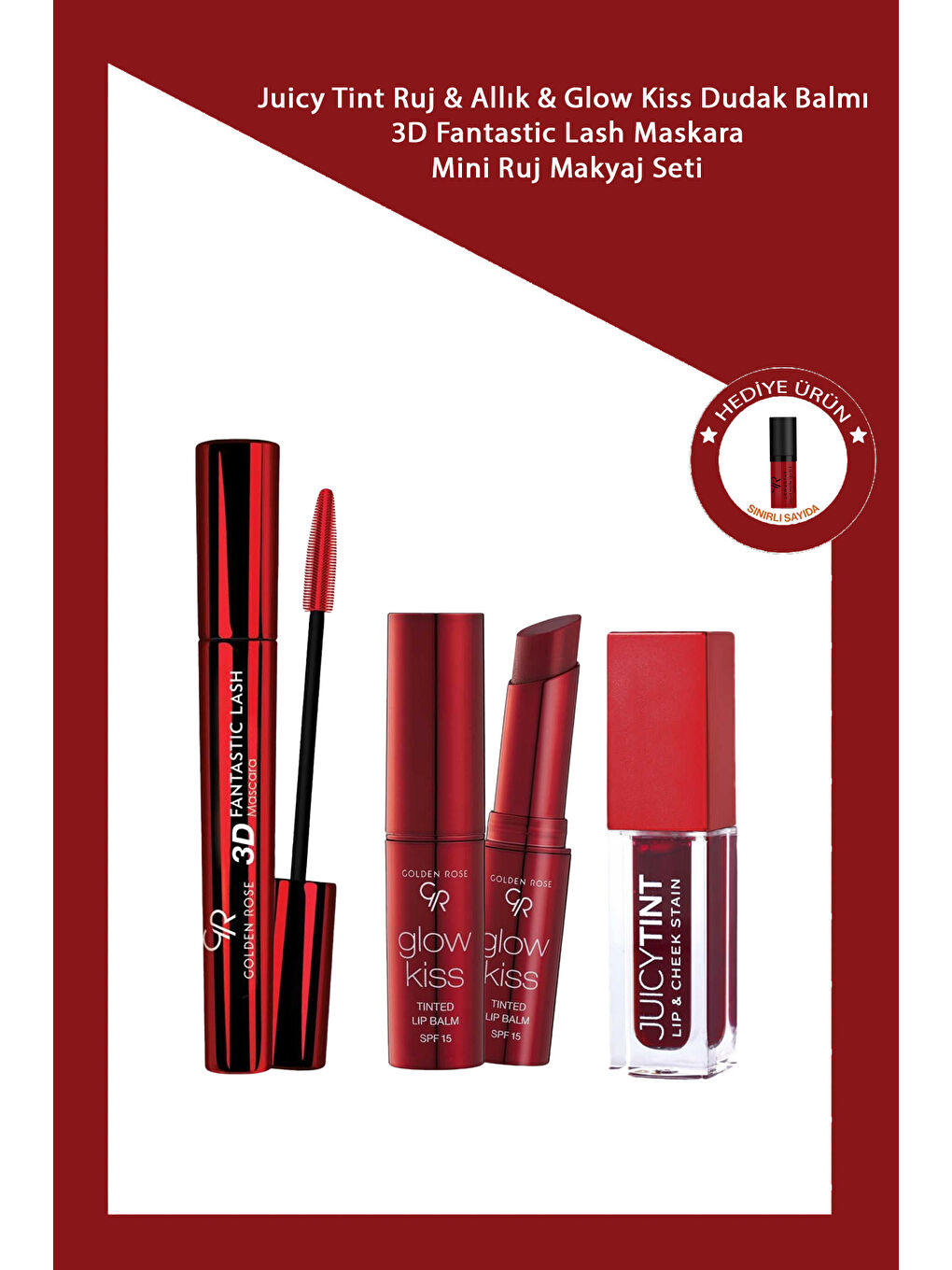 Juicy Tint Ruj & Allık & Glow Kiss Dudak Balmı + 3D Fantastic Lash Maskara + Mini Ruj Makyaj Seti