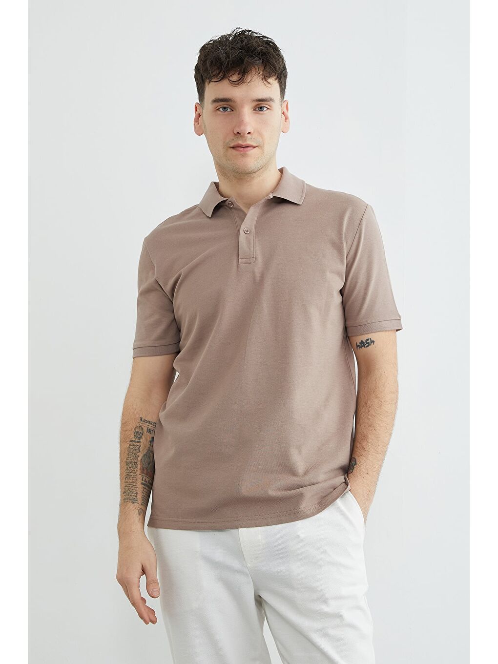 Bej Basic Polo Yaka Pike Tişört