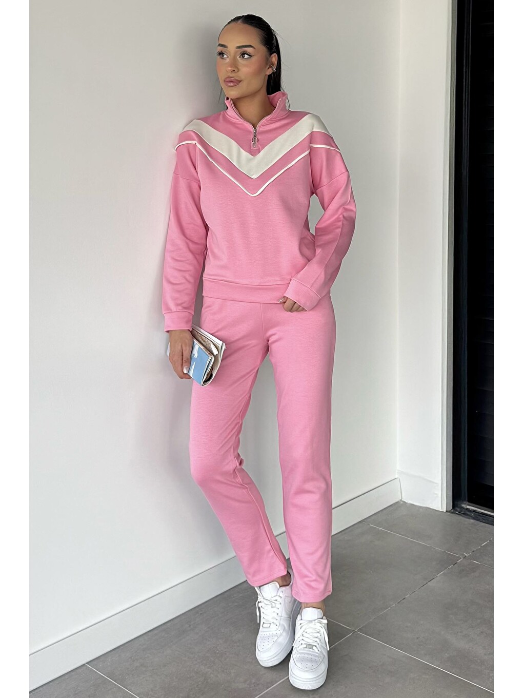 Pembe Kadın Dik Yaka Yarım Fermuarlı Sweat Pantolon İkili Takım-1