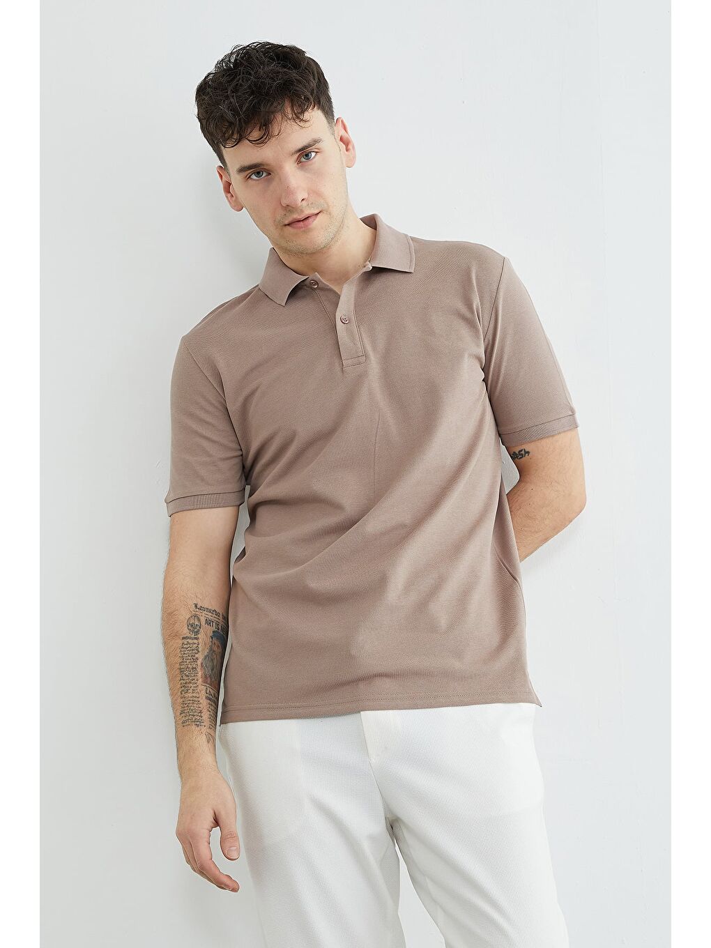 Bej Basic Polo Yaka Pike Tişört-1