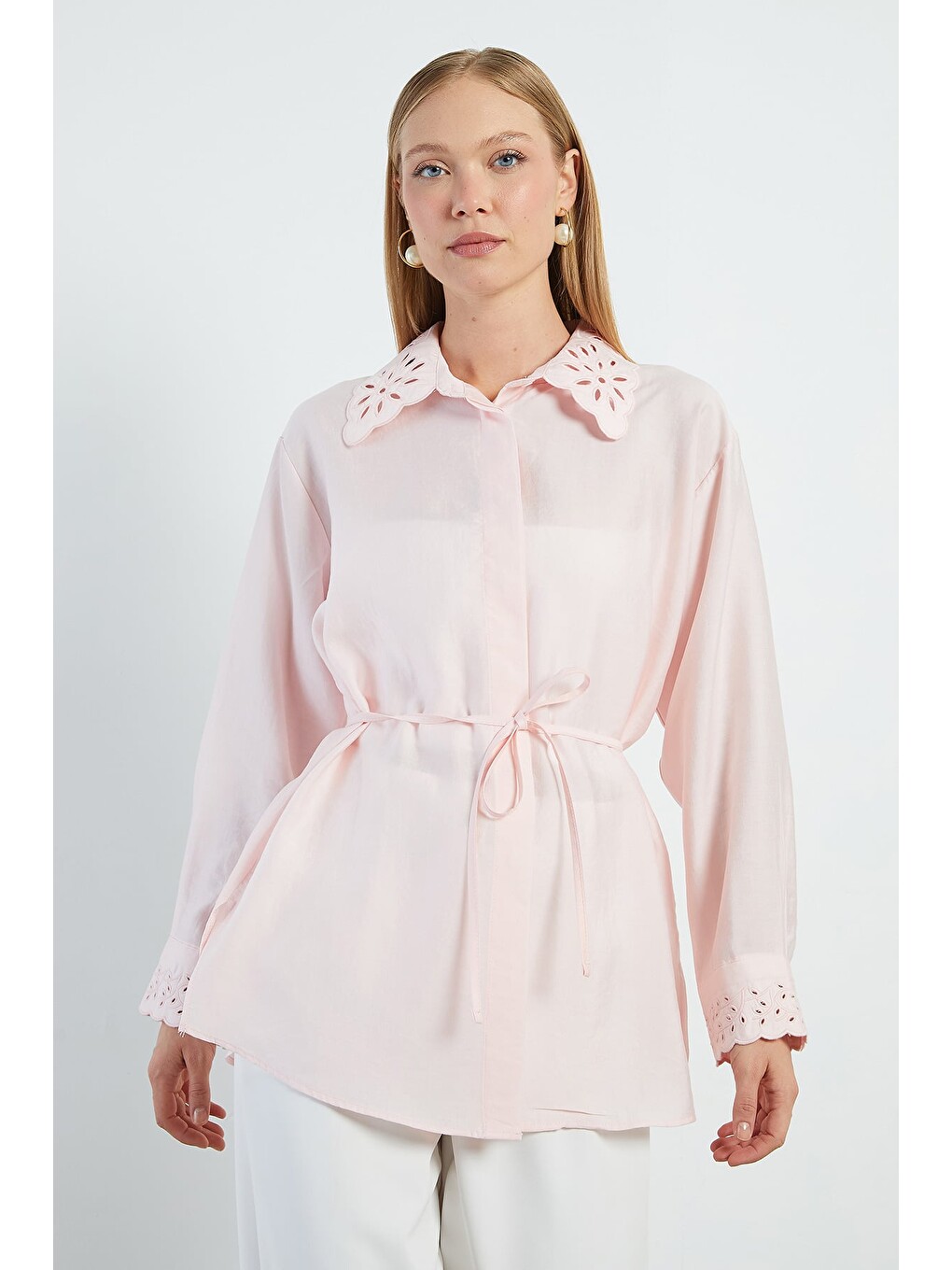 Pembe Fullamodest Nakışlı Beli Bağlamalı Gömlek-2