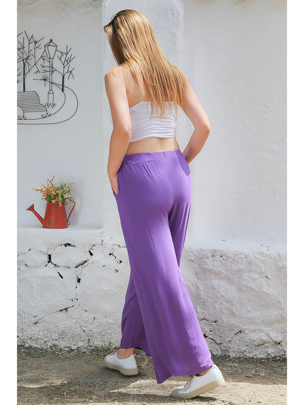 Mor Cepli Pileli Dokuma Lastikli Bel Geniş Paça Casual Pantolon-7