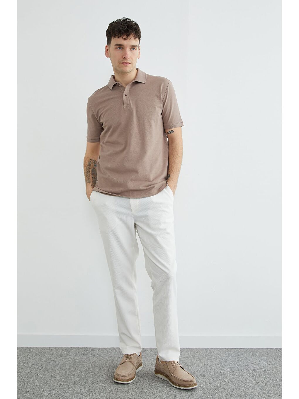 Bej Basic Polo Yaka Pike Tişört-2