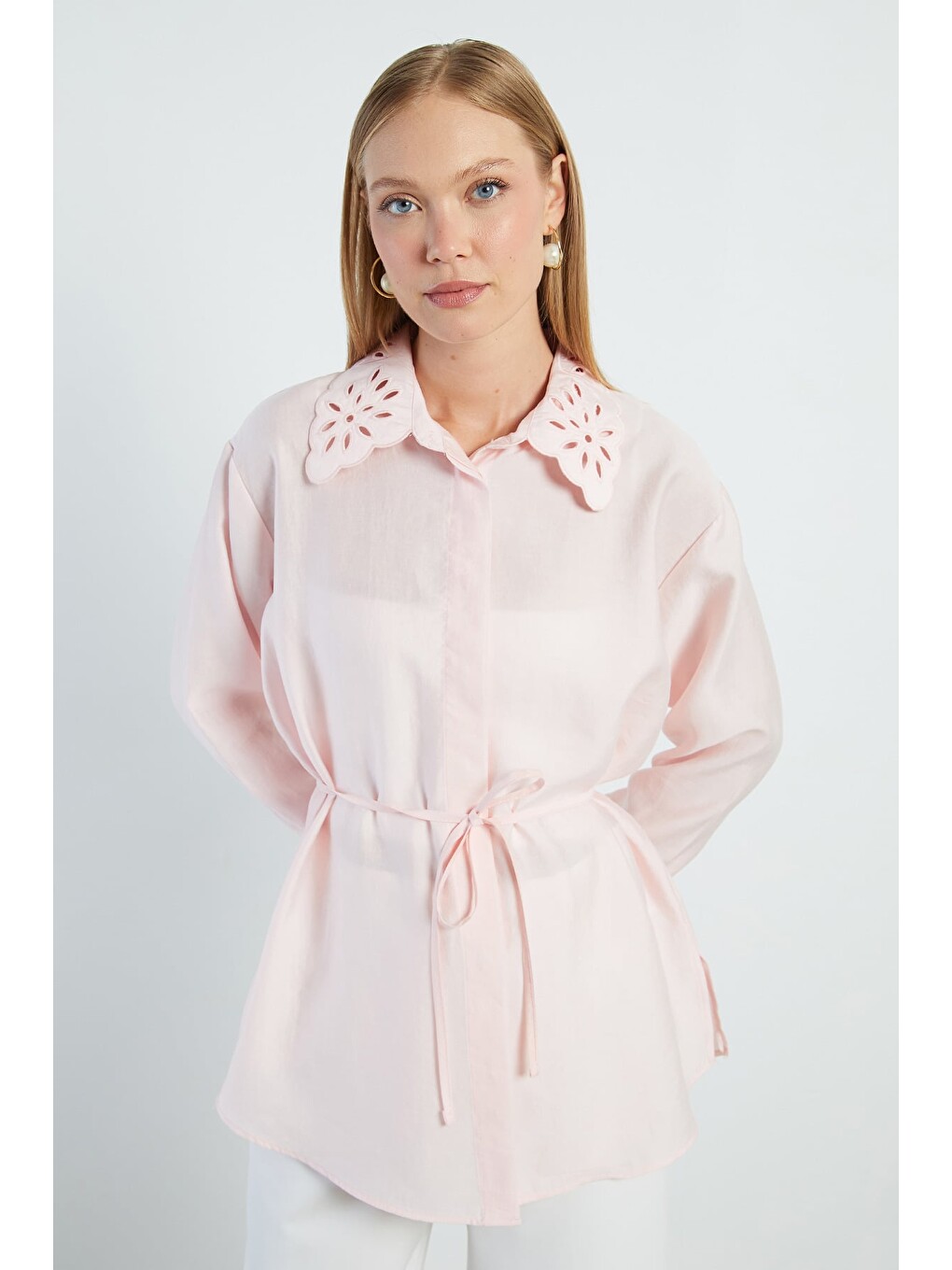 Pembe Fullamodest Nakışlı Beli Bağlamalı Gömlek-4