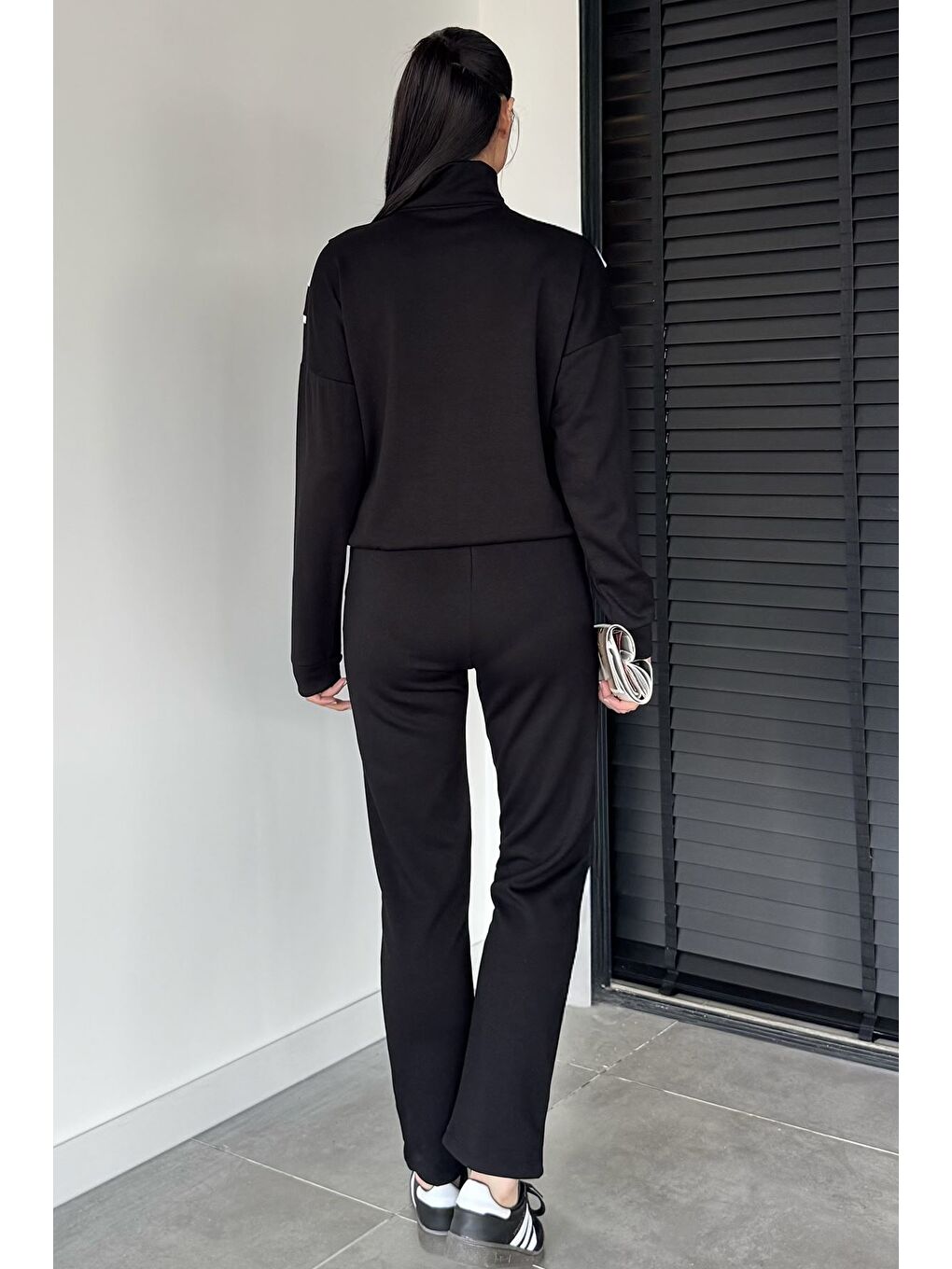 Siyah Kadın Kapüşonlu Fermuarlı Sweat Pantolon İkili Takım-3