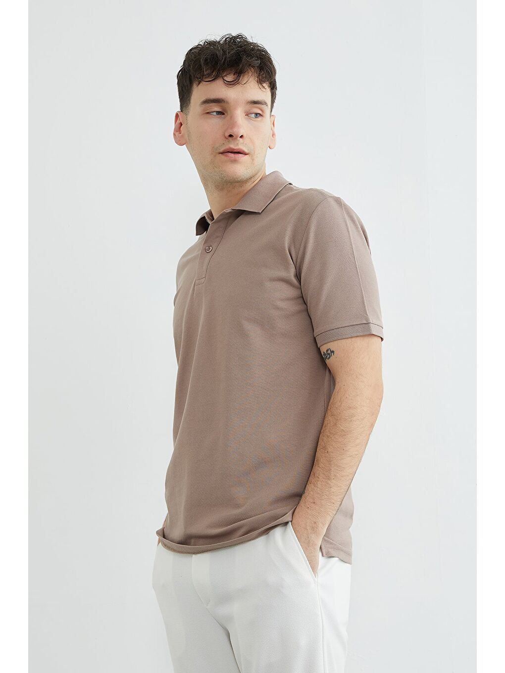 Bej Basic Polo Yaka Pike Tişört-3