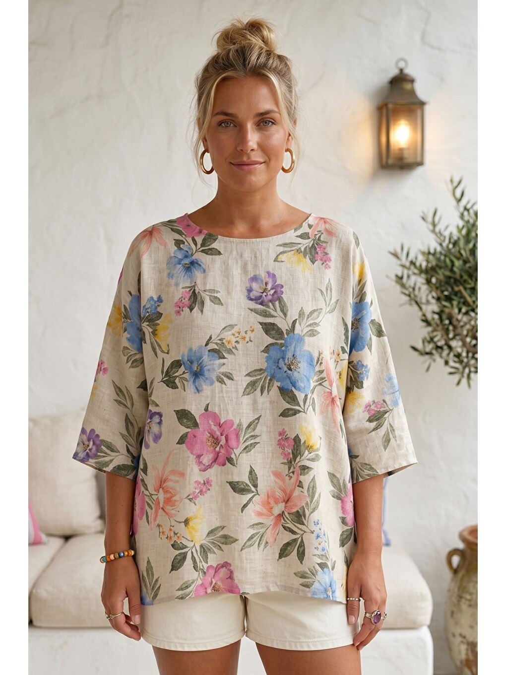İtalyan Bej Havuz Yaka Kısa Kol Çiçekli Baskılı Casual Keten Görünümlü Oversize Dokuma Bluz 75 70