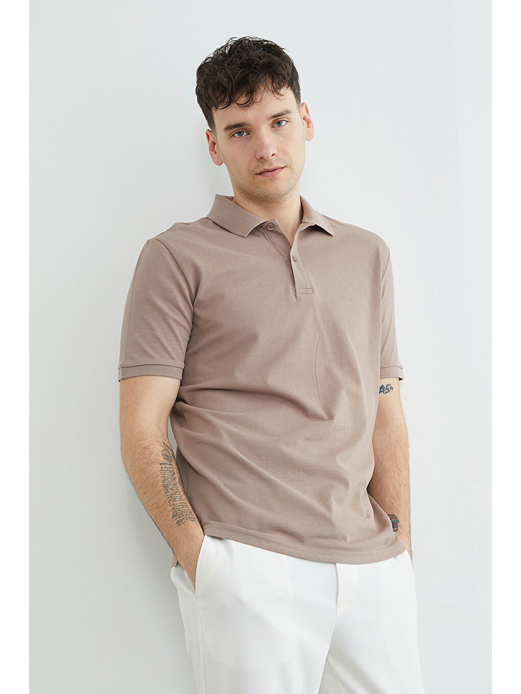 Bej Basic Polo Yaka Pike Tişört-4