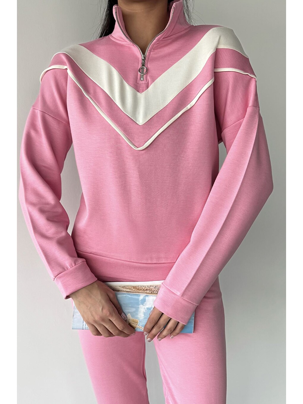Pembe Kadın Dik Yaka Yarım Fermuarlı Sweat Pantolon İkili Takım-2