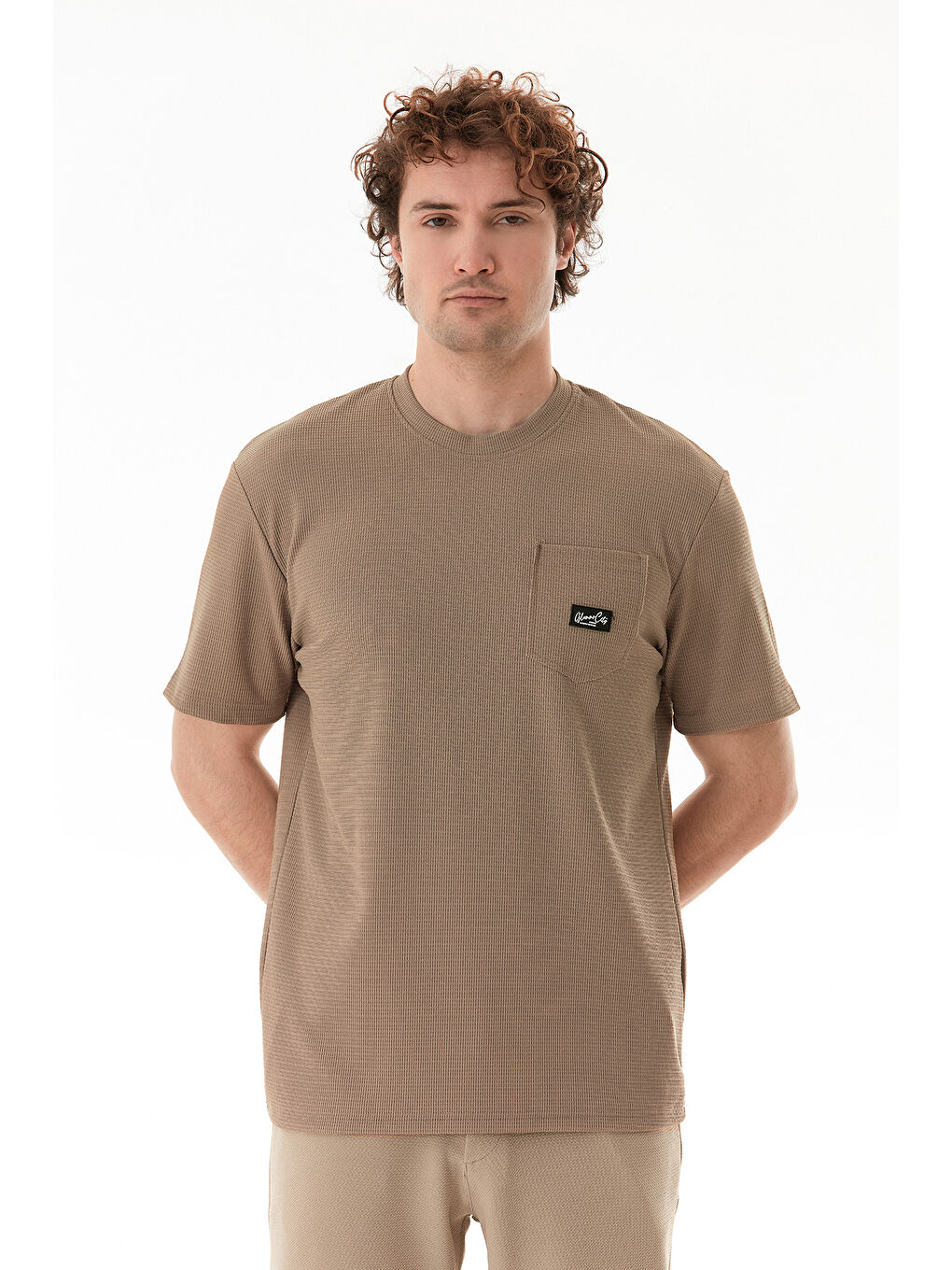 Kahverengi Basic Bisiklet Yaka Cepli Jakarlı Tişört-2