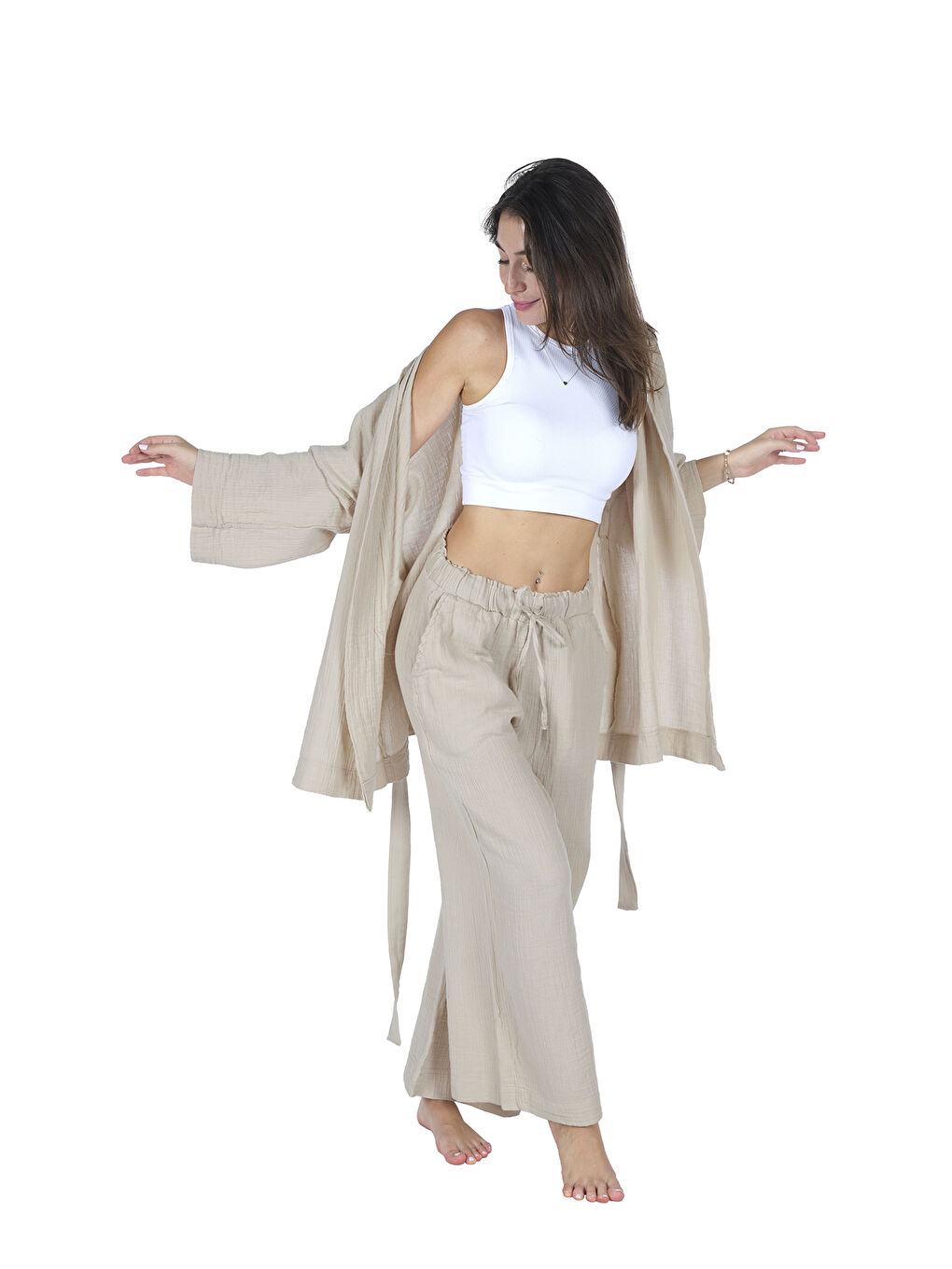 Wheeppo Bej Loungewear Tek Kimono – %100 Pamuk Bürümcük Müslin Rahat Kalıp Ev Giyim