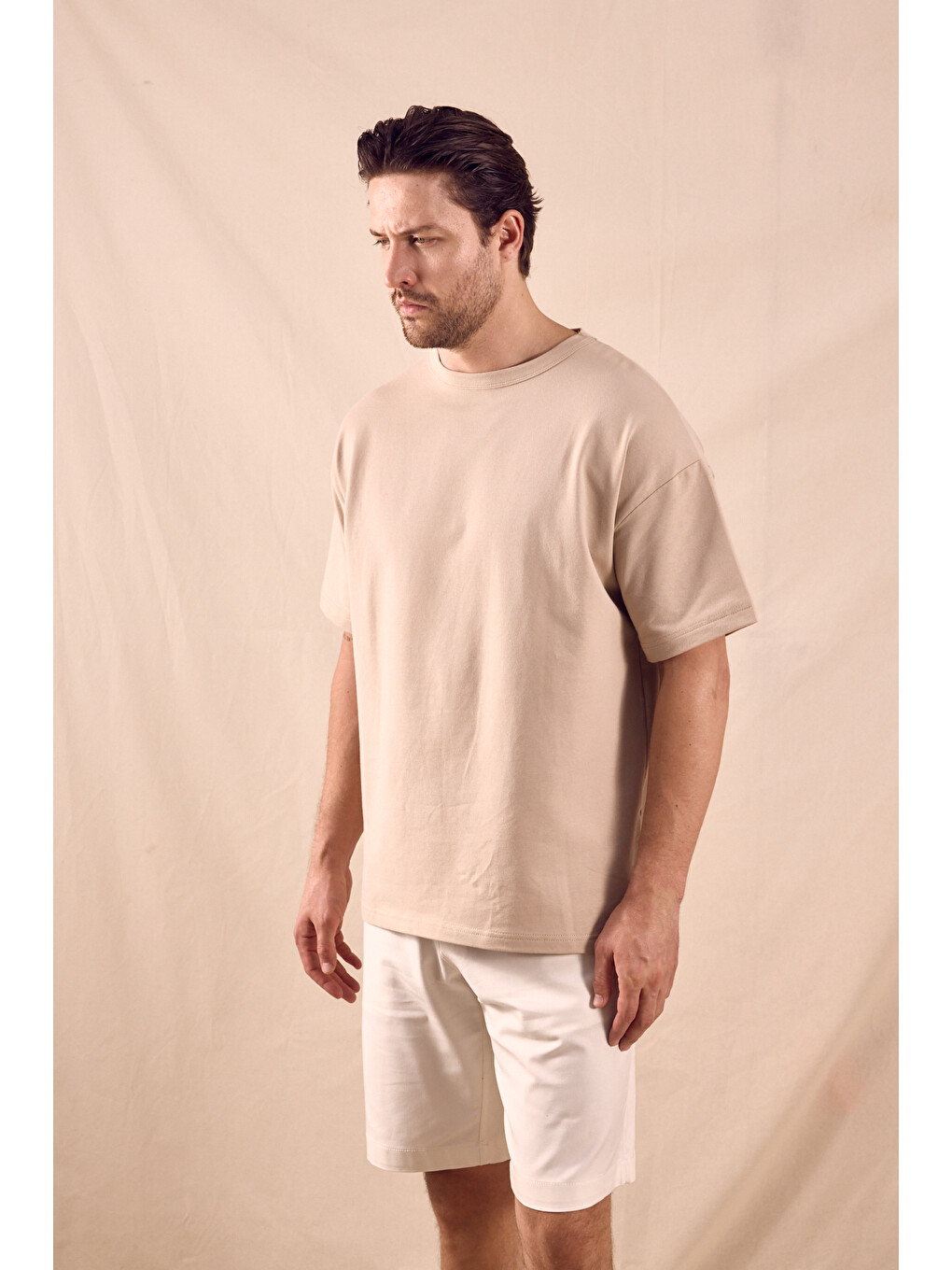Erkek Bej Rahat Kalıp Oversize Kesim T-shirt-1