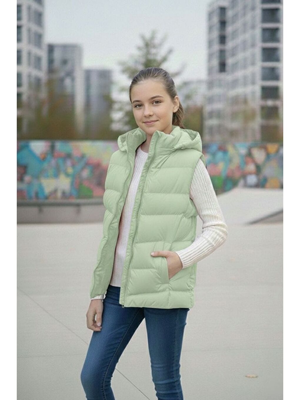 Yeşil Kız Çocuk Kapüşonlu Şişme Yelek