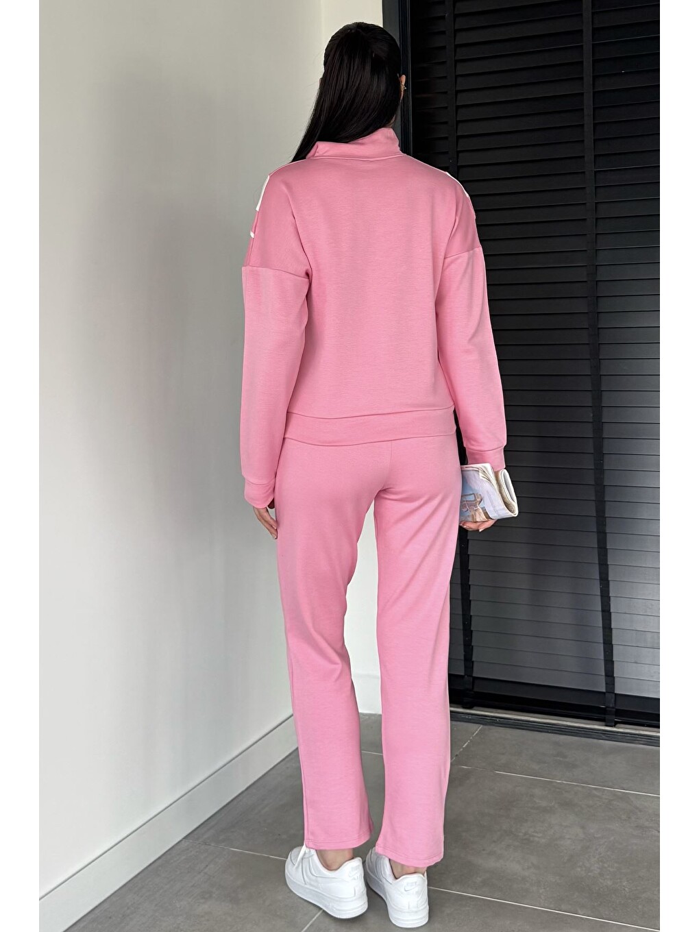 Pembe Kadın Dik Yaka Yarım Fermuarlı Sweat Pantolon İkili Takım-3
