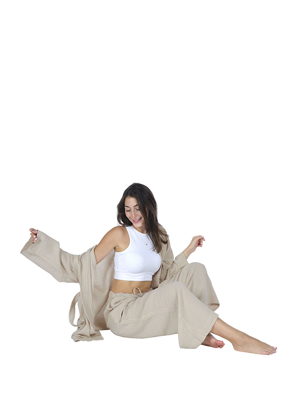 Wheeppo Bej Loungewear Tek Kimono – %100 Pamuk Bürümcük Müslin Rahat Kalıp Ev Giyim - 3