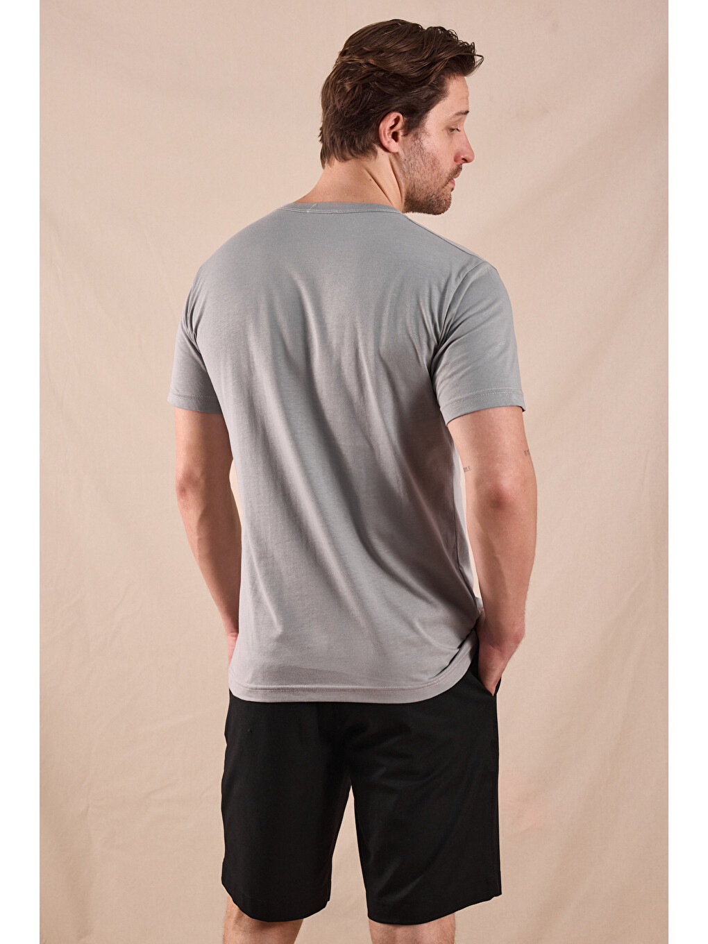 Erkek Gri Normal Kalıp Rahat Basic T-shirt-1