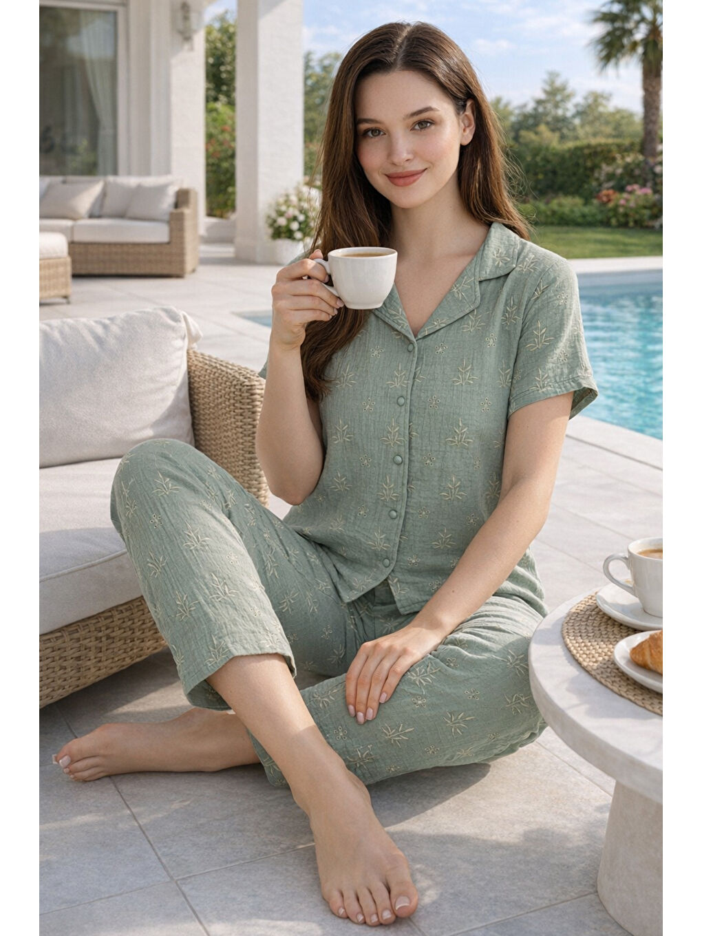 Turkuaz Kadın Nakış Detay Kısa Kol Müslin Kumaş Pijama Takımı 9003 Yeşil01-1