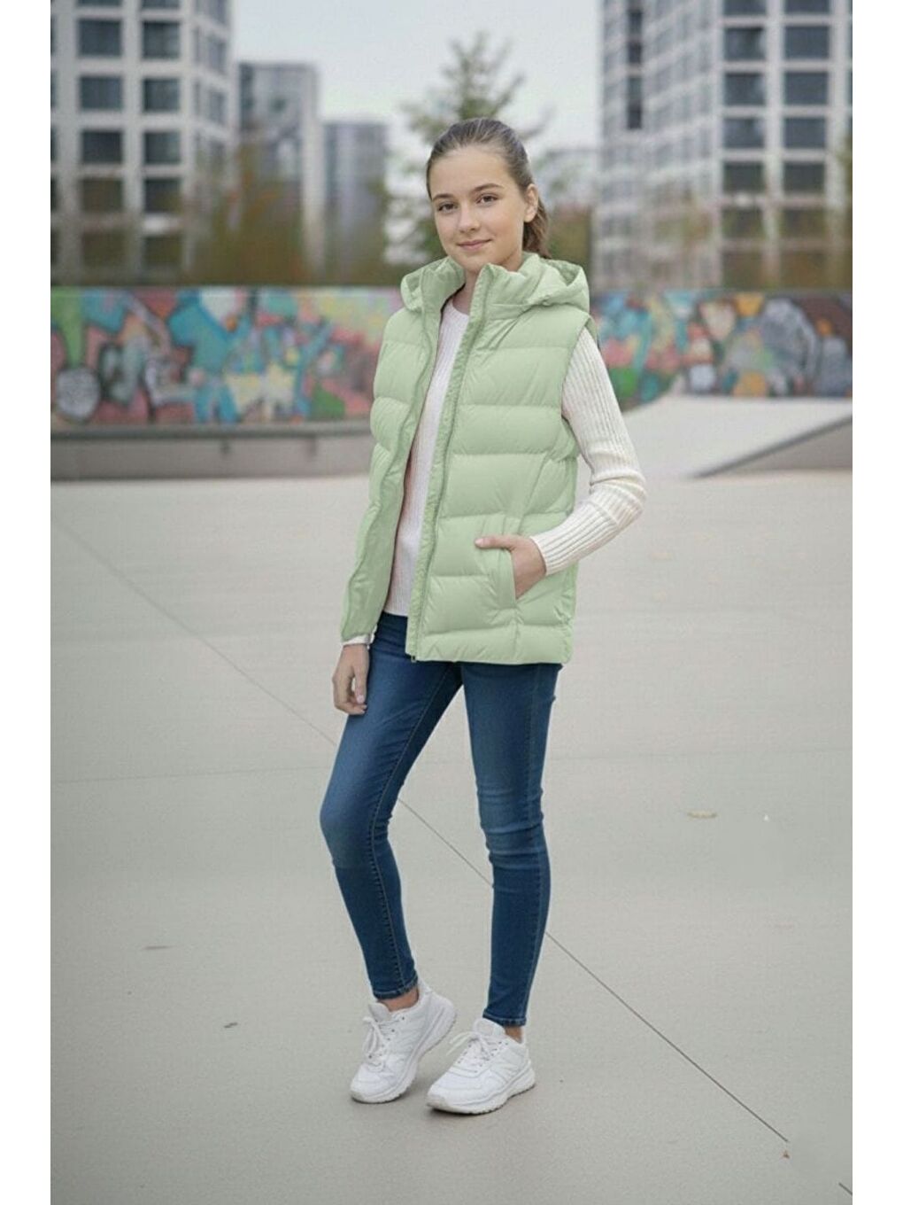 Yeşil Kız Çocuk Kapüşonlu Şişme Yelek-1