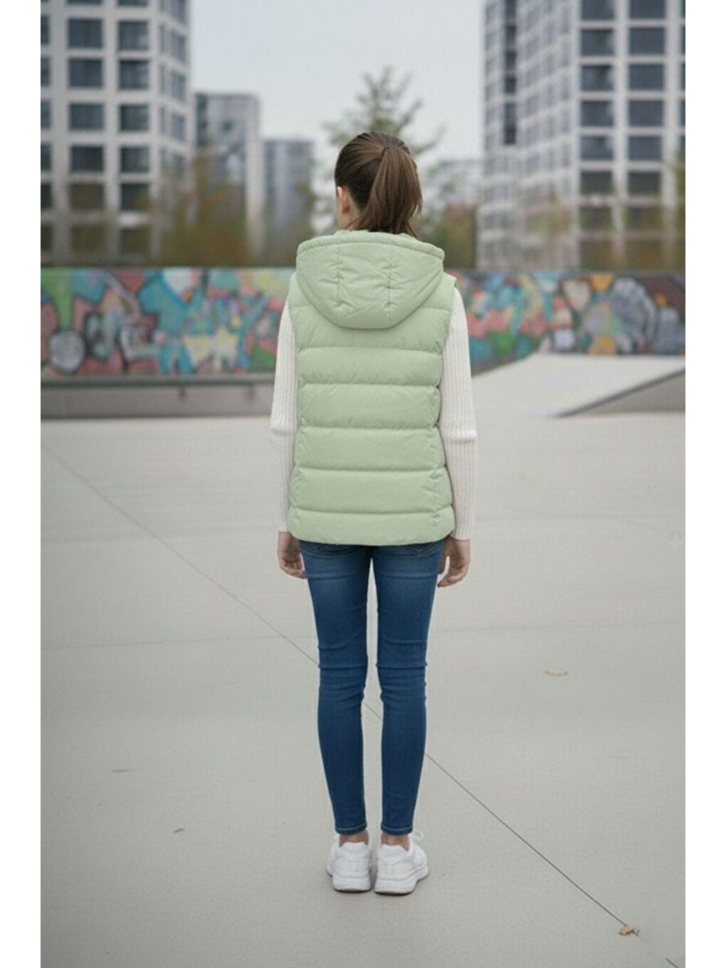 Yeşil Kız Çocuk Kapüşonlu Şişme Yelek-3
