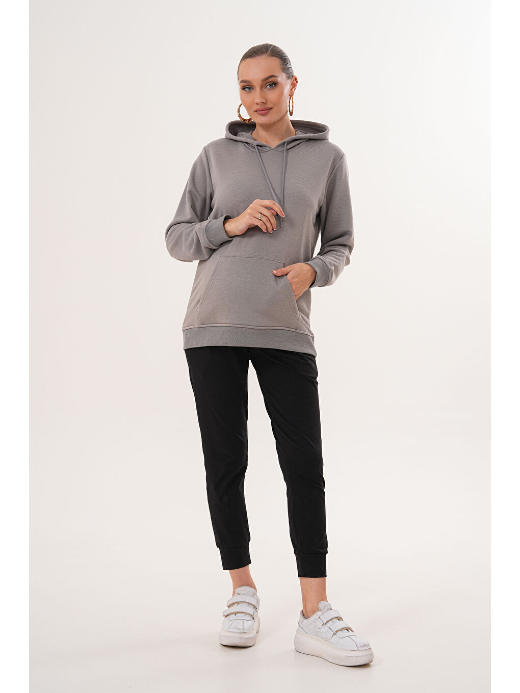 Gri %100 Pamuk Hamile ve Lohusa Basic Kapüşonlu Sweatshirt