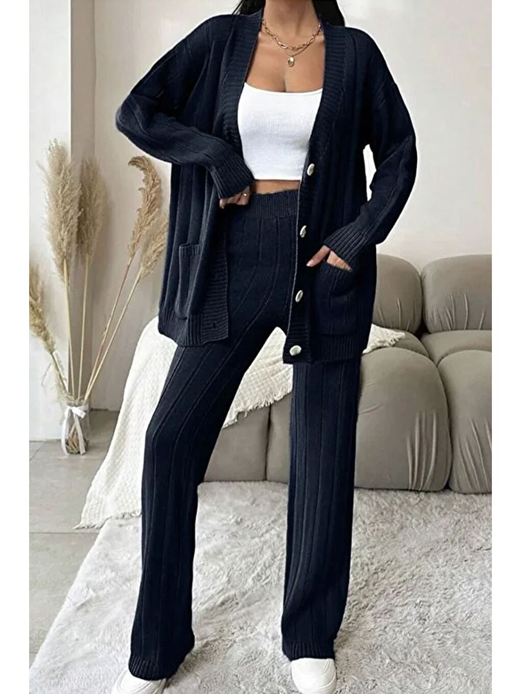 Lacivert Kadın Ön Düğmeli Kendinden Çizgi Desenli Triko Hırka Pantolon İkili Takım-1