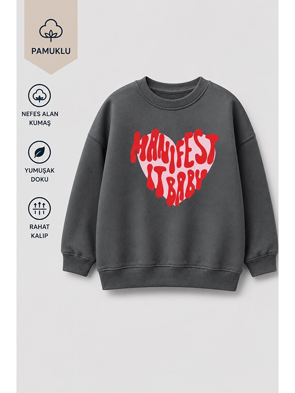 Antrasit Kız Çocuk 3 İplik Kumaş Baskılı Pamuklu Sweatshirt-1