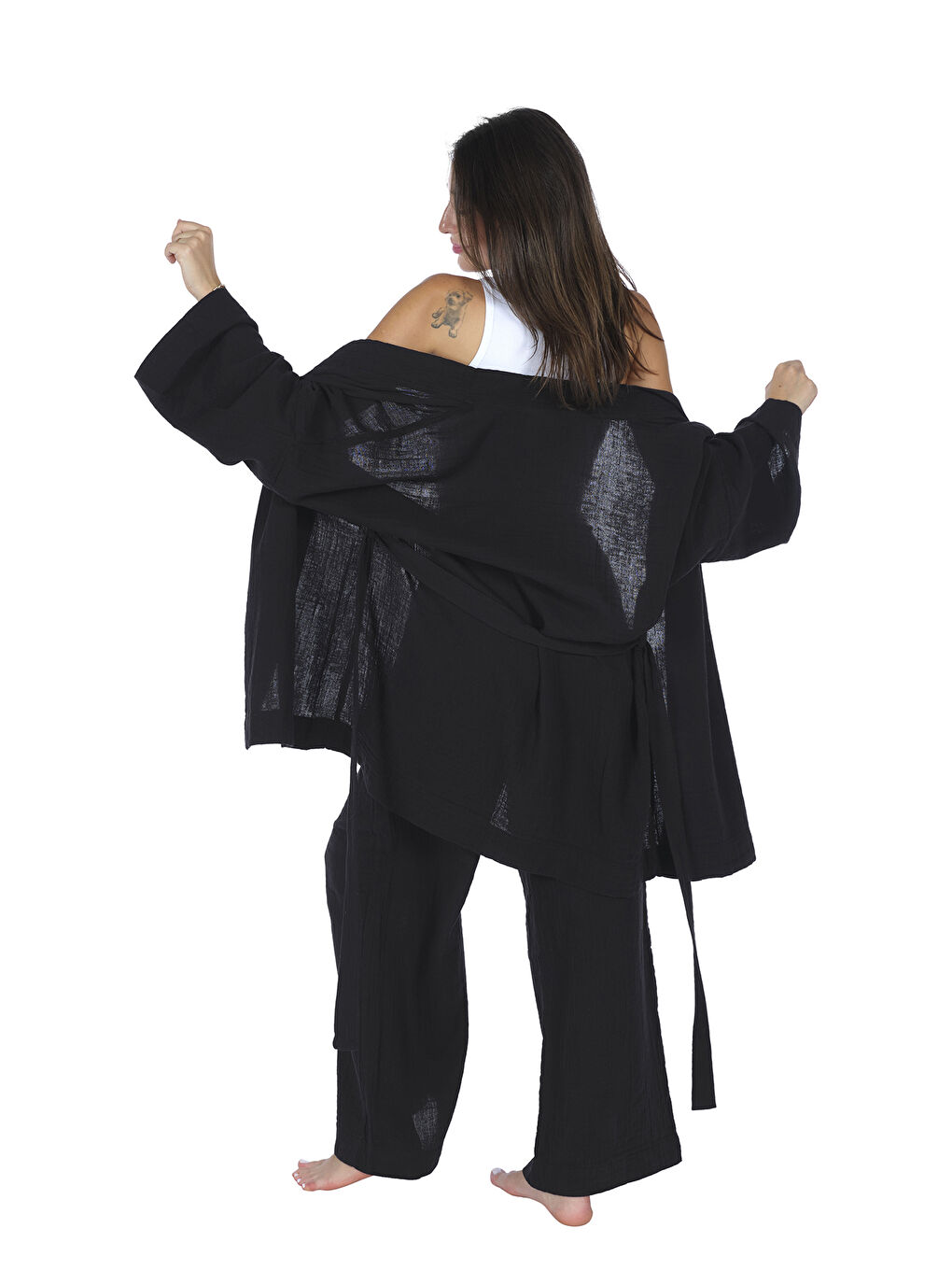 Wheeppo Siyah Loungewear Tek Kimono – %100 Pamuk Bürümcük Müslin Rahat Kalıp Ev Giyim - 3