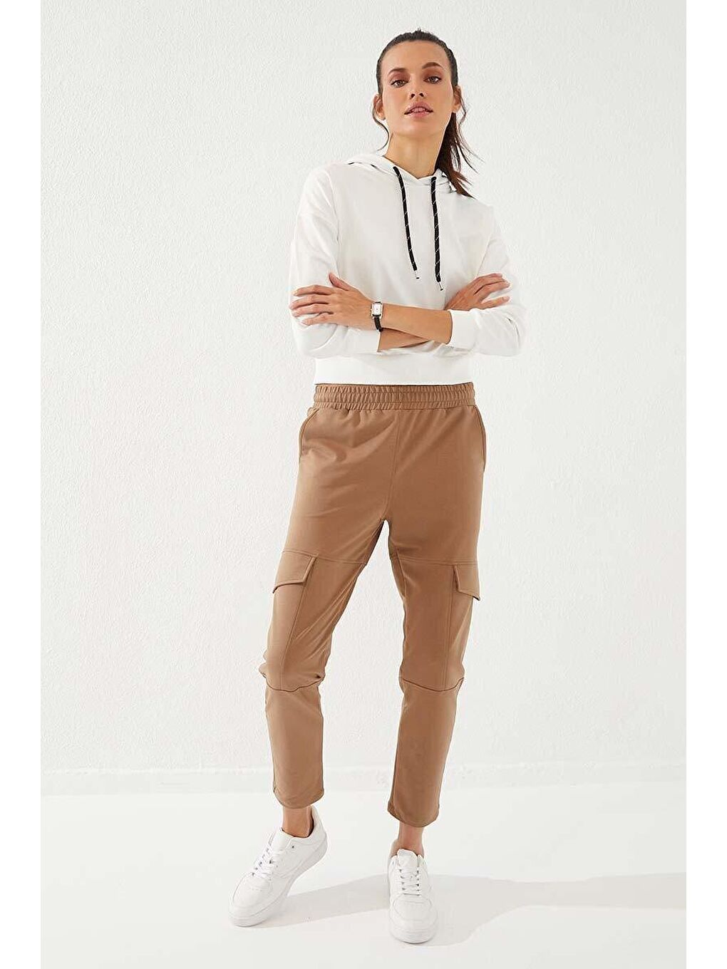 Kahverengi Toprak Yüksek Bel Kargo Cep Rahat Form Dar Paça Kadın Eşofman Alt - 94588