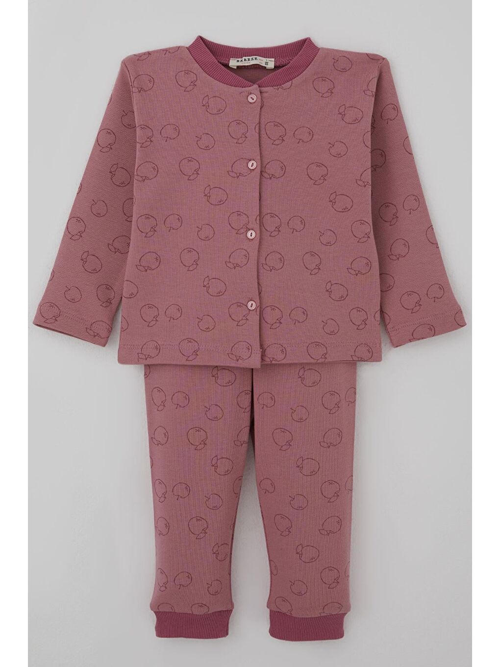 Pembe Kız Bebek Pijama Takımı Önden Düğmeli Elma Desenli Gülkurusu (4 Ay-1 Yaş)
