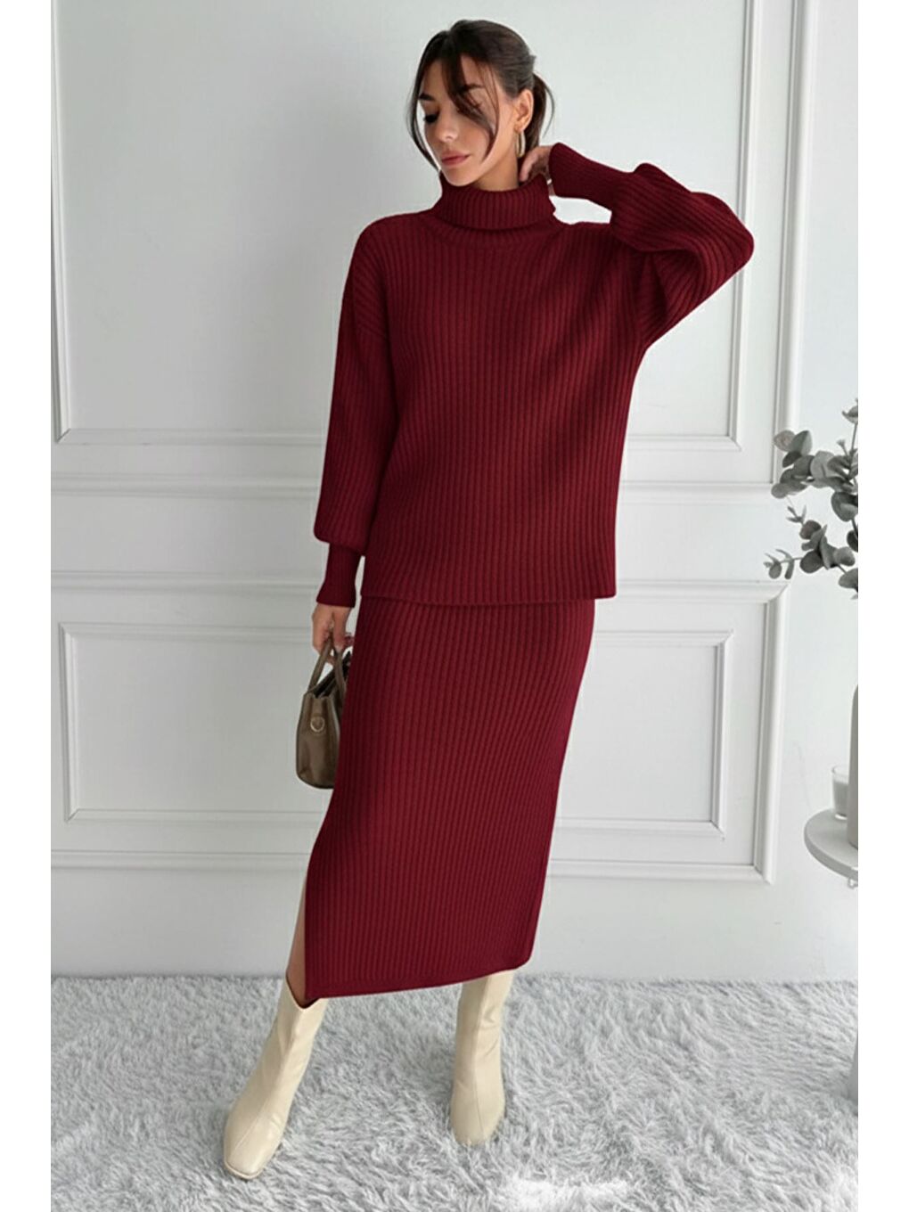 Bordo Kadın Tam Balıkçı Yaka Fitilli Triko Kazak Etek İkili Takım-1