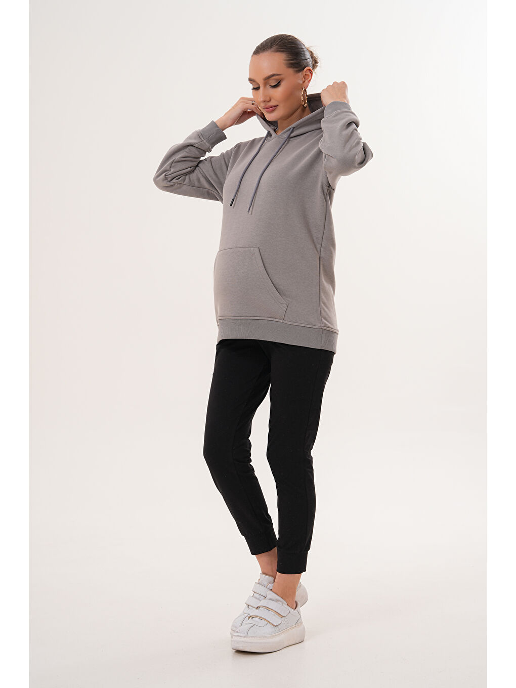 Gri %100 Pamuk Hamile ve Lohusa Basic Kapüşonlu Sweatshirt-1