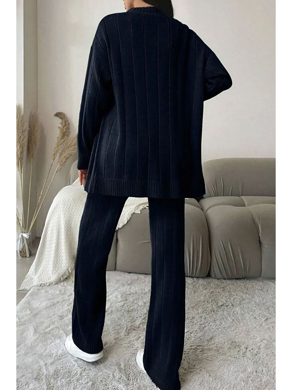 Lacivert Kadın Ön Düğmeli Kendinden Çizgi Desenli Triko Hırka Pantolon İkili Takım-3