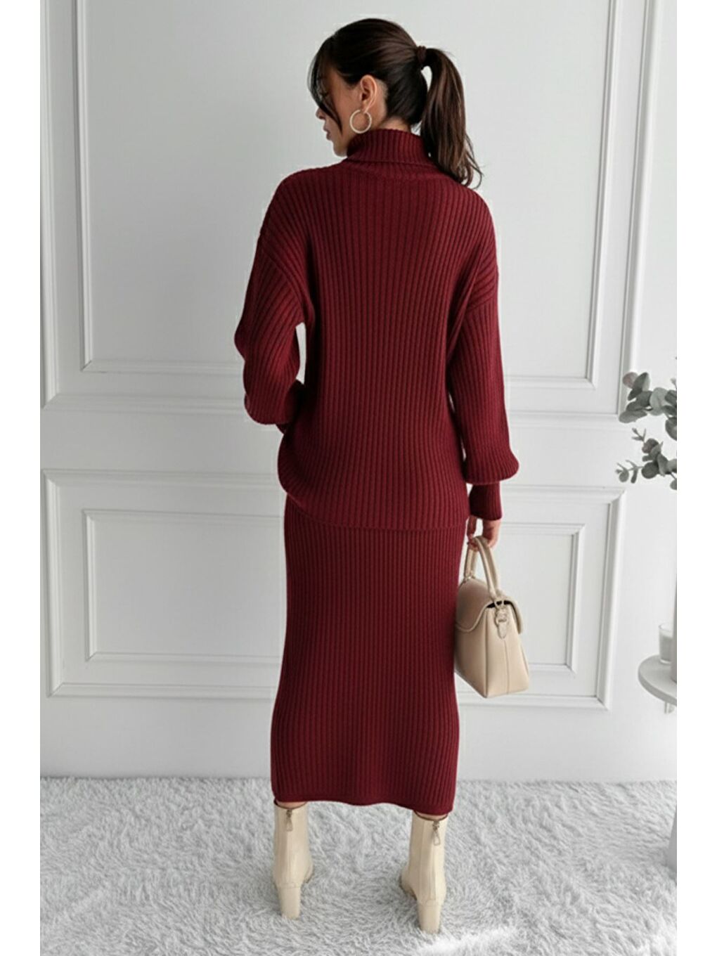 Bordo Kadın Tam Balıkçı Yaka Fitilli Triko Kazak Etek İkili Takım-2