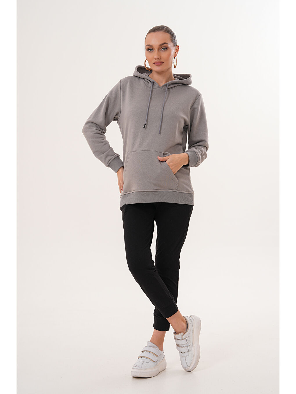 Gri %100 Pamuk Hamile ve Lohusa Basic Kapüşonlu Sweatshirt-2