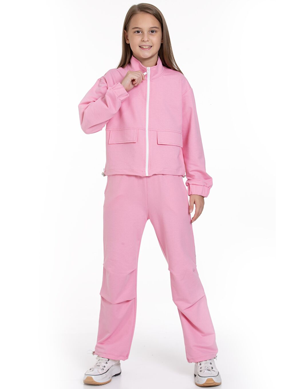 Fermuarlı Beli ve Paçası Büzgülü Lastik Detaylı Koyu Pembe Renk Kız Çocuk Eşofman Takım