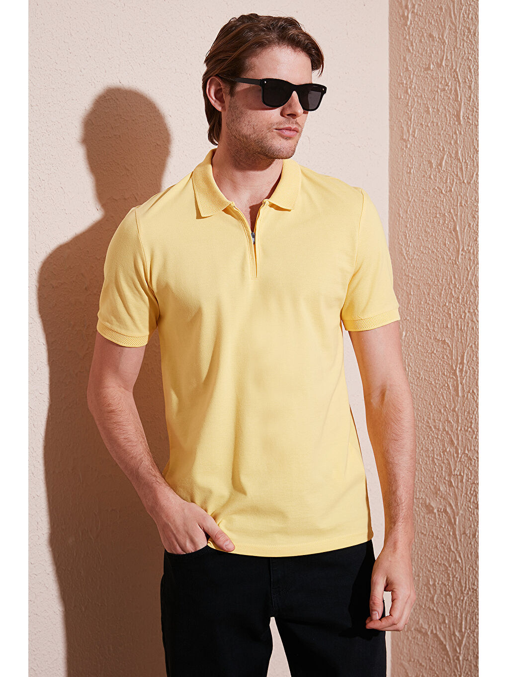Buratti Sari Pamuklu Regular Fit Yarım Fermuarlı Erkek Polo Yaka T Shirt 5901029
