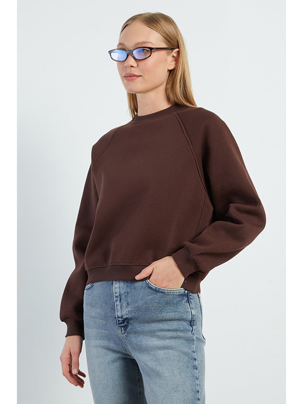 Kahverengi 3 İplik Basic Bisiklet Yaka Oversize Sweatshirt-1