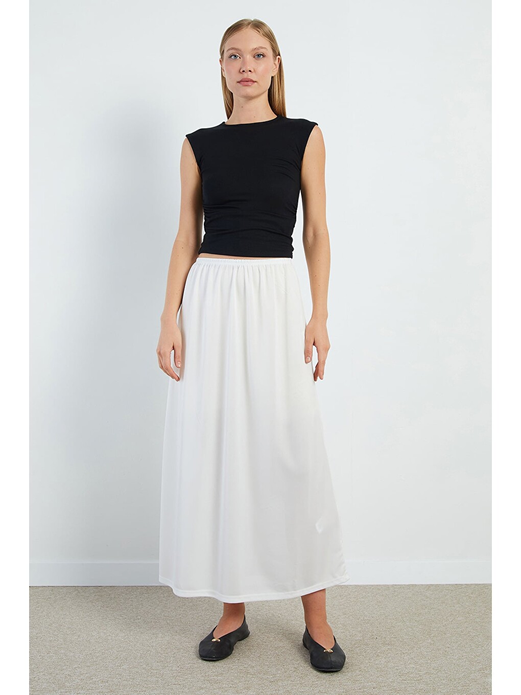 Ekru Beli Lastikli Maxi Boy Astar Etek