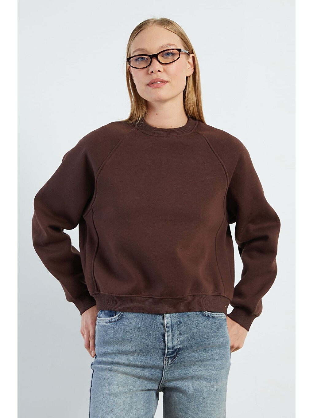 Kahverengi 3 İplik Basic Bisiklet Yaka Oversize Sweatshirt-3