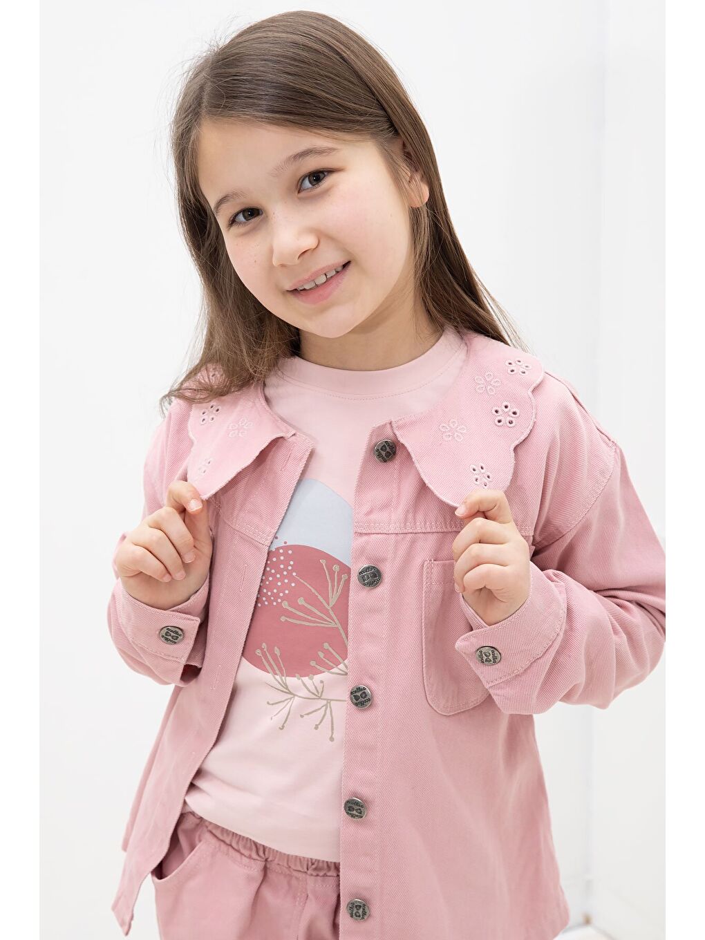 Pembe Çiçek Yaka Detaylı Ceketli Kız Çocuk Pantolonlu 3lü Takım 23630-1