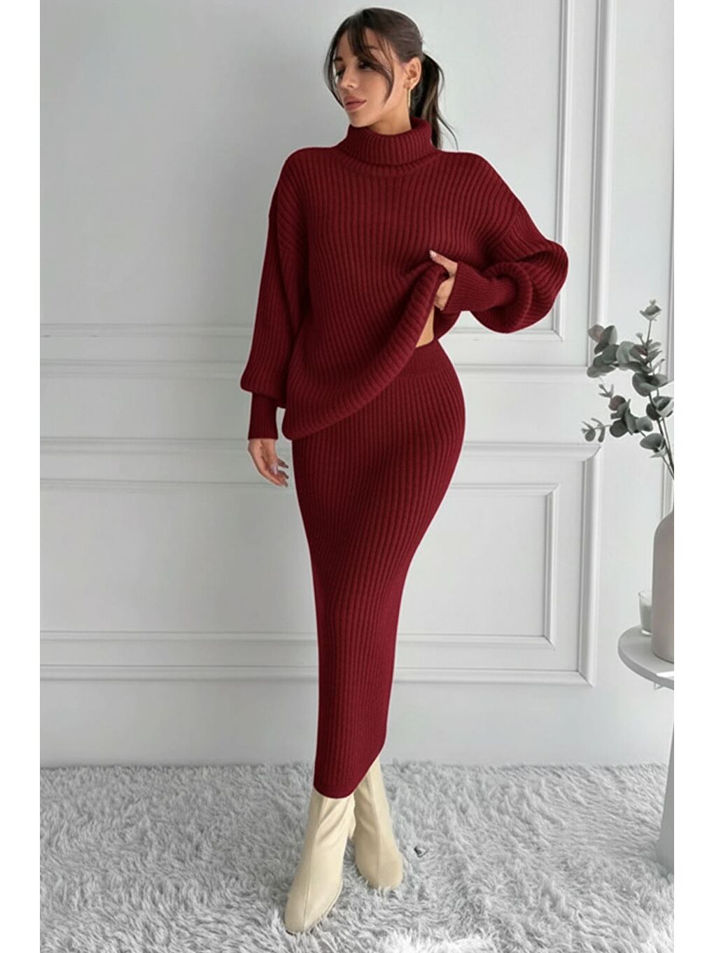 Bordo Kadın Tam Balıkçı Yaka Fitilli Triko Kazak Etek İkili Takım-3