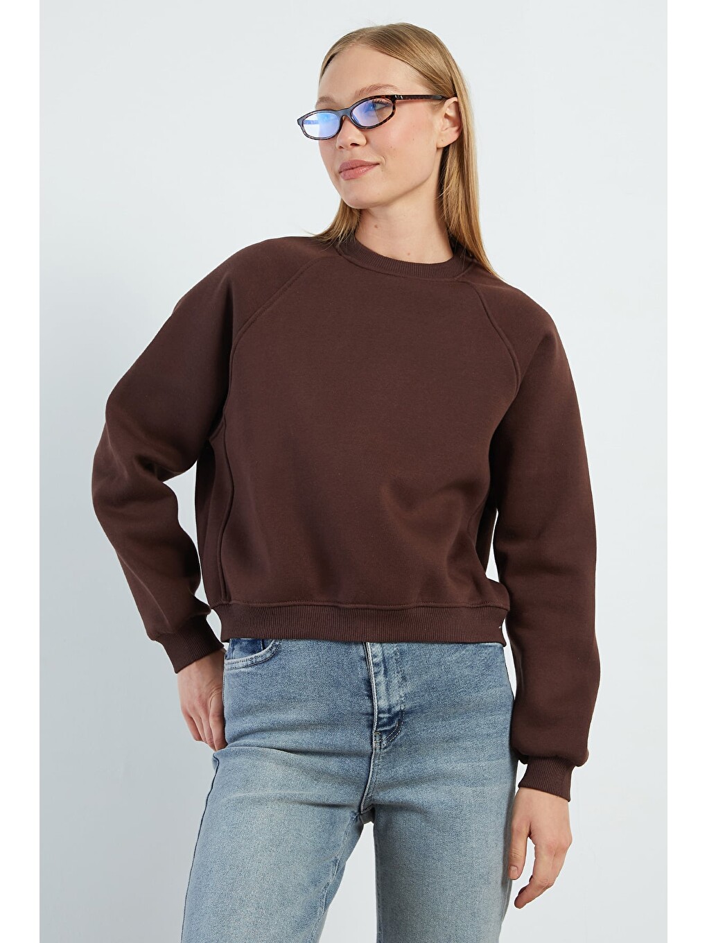 Kahverengi 3 İplik Basic Bisiklet Yaka Oversize Sweatshirt-4