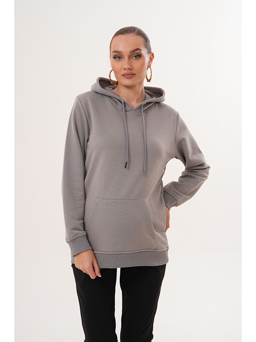 Gri %100 Pamuk Hamile ve Lohusa Basic Kapüşonlu Sweatshirt-3