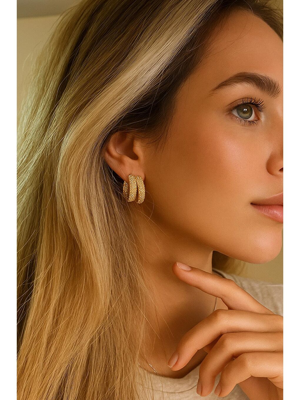 Sarı VIP Gold Kaplama Gömme Taşlı Küpe Seti 4 Adet-6