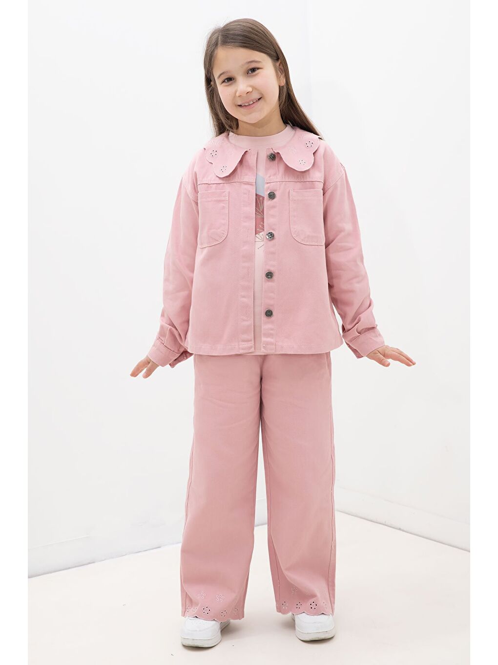 Pembe Çiçek Yaka Detaylı Ceketli Kız Çocuk Pantolonlu 3lü Takım 23630-2