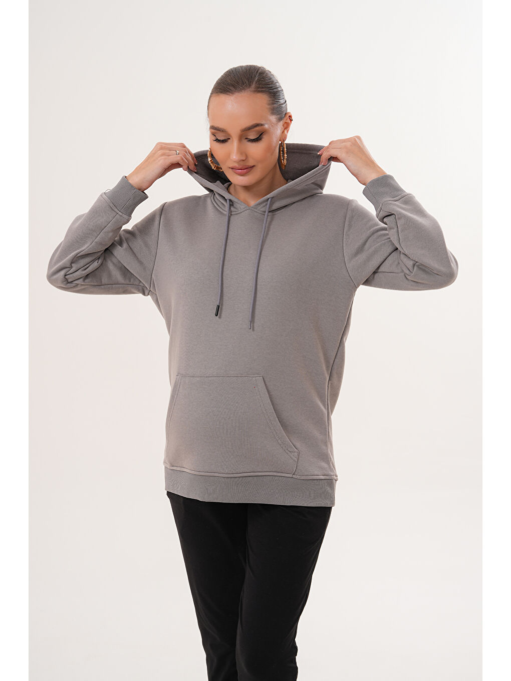 Gri %100 Pamuk Hamile ve Lohusa Basic Kapüşonlu Sweatshirt-4