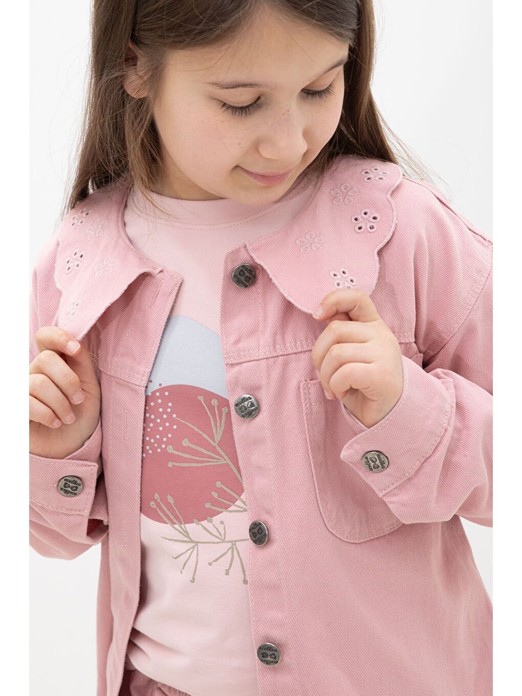 Pembe Çiçek Yaka Detaylı Ceketli Kız Çocuk Pantolonlu 3lü Takım 23630-3