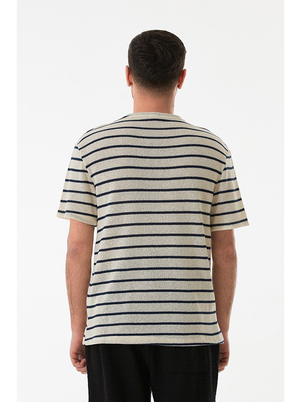 Lacivert Çizgili Ajurlu Bisiklet Yaka Triko Tişört-2