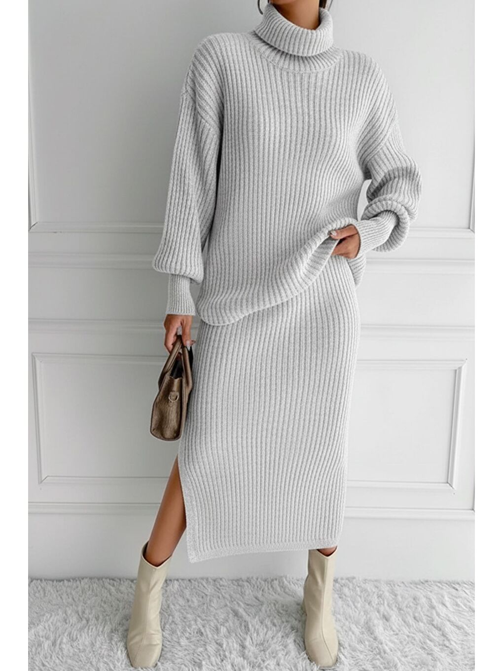 Gri Kadın Tam Balıkçı Yaka Fitilli Triko Kazak Etek İkili Takım