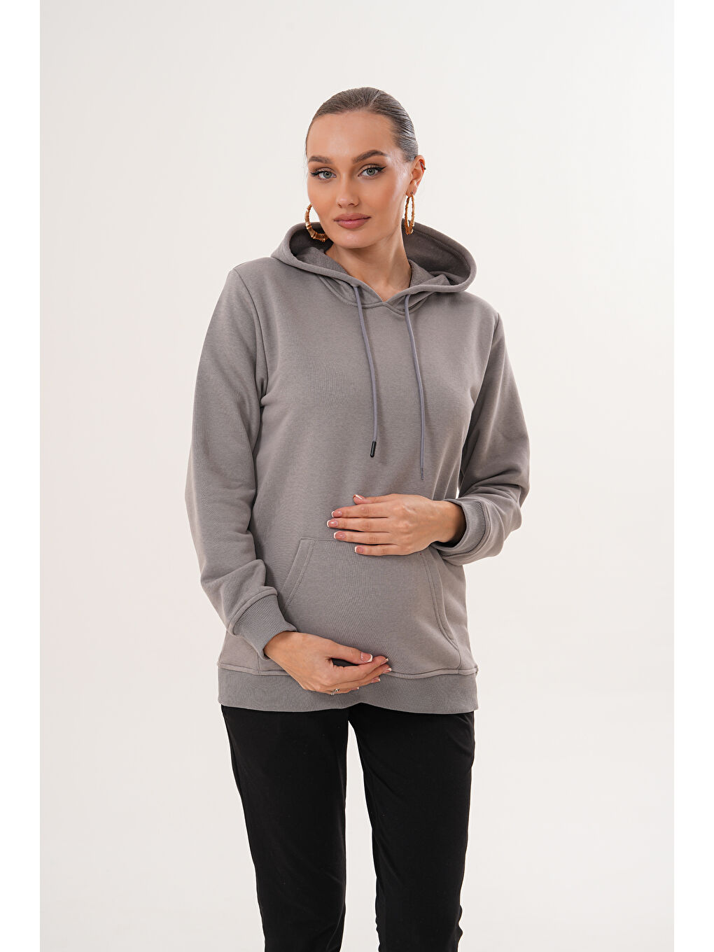 Gri %100 Pamuk Hamile ve Lohusa Basic Kapüşonlu Sweatshirt-5